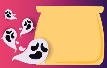 Halloween blank paper background with scary and fun ghost , with copy space for design or sale banner, vector illustration.
