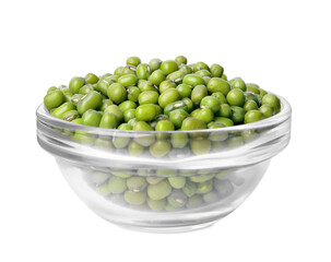 Glass bowl with green mung beans isolated on white. Organic grains