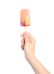 Woman holding berry popsicle on white background, closeup