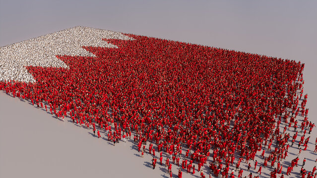 Aerial view of a Crowd of People, coming together to form the Flag of Bahrain. Bahraini Banner on White Background.