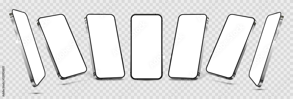 Poster Different positions of mobile phones, left and right with a blank screen. 3D mockups of realistic frameless smartphones in different perspective angles. 3D cellphone template - vector collection