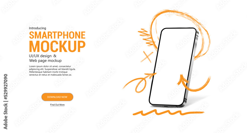 Poster doodle smartphone with blank screen in perspective. mobile phone mockup with grunge lines and arrows