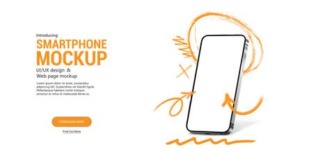 Doodle Smartphone with blank screen in perspective. Mobile Phone Mockup with grunge lines and arrows. 3D template Smartphone for poster, banner, advertising. Blank screen cellphone. Realistic vector