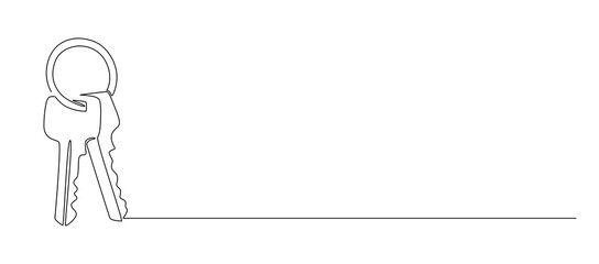 One continuous line drawing of house keys. Real estate and password and security concept in simple linear style. Editable stroke. Doodle vector illustration