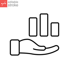 Business Concepts Equity stake line icon. Hand holding graph or chart diagram symbol of Capital analysis Investments to finances. Editable stroke Vector illustration Design on white background. EPS 10