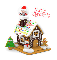 Gingerbread house and Santa Claus on transparent background for Merry Christmas, 3D illustration 