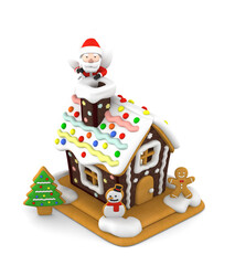 Gingerbread house and Santa Claus on transparent background for Merry Christmas, 3D illustration 