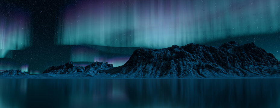 Winter Mountains with Aurora Lights. Blue Sky Background with copy-space.