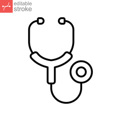 Stethoscope cardio device line icon. Doctor equipment for cardio test or heart beat analyze. Paramedic health care medical symbol. Editable stroke Vector illustration Design on white background EPS 10