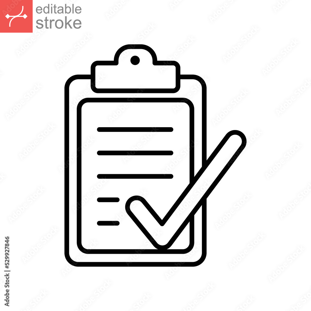 Poster check list document line icon. clipboard, paper and check mark office note approval, notepad, contra
