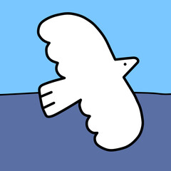 Vector hand drawn doodle art illustration white flying bird with bright and dark blue background. 