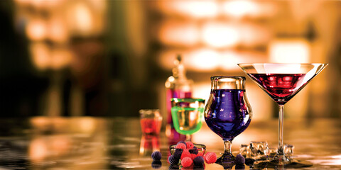 Group of exotic cocktails on an out of focus and colorful background. Cocktail and mixology. 3d illustration.