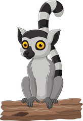 Cartoon cute lemur sitting on tree stump - obrazy, fototapety, plakaty