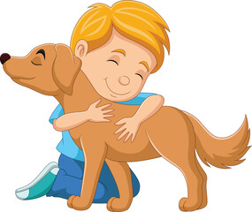 Cartoon boy hugging his dog