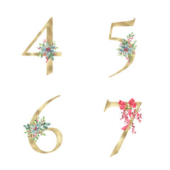 Watercolor Gold Christmas Winter forest  Number set - digit with bell, pine, holy berry,poinsettia. Woodland botanical Floral for invitation, baby shower, birthday, table number, new baby is turning