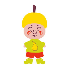 Vintage style cute gnome in fruit pear hat. Perfect for posters, greeting cards, T-shirt, stickers and print. Isolated vector illustration for decor and design.