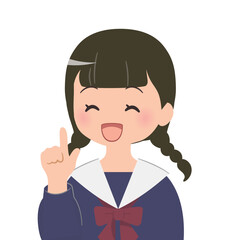 人差し指を立てる おさげの女子学生のバストアップイラスト