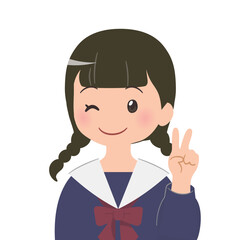 Vサインをする おさげの女子学生のバストアップイラスト