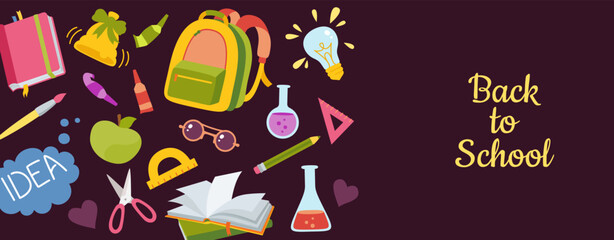 Welcome banner Back to School. Advertisement poster template, learning school supplies. Background education objects for student. First day school invitation flyer, template, cover mockup vector