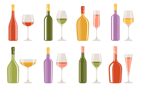 Wineglass and bottle set. Wine or champagne bottles and glasses liquor alcohol beverages, various shapes. Winemaking alcohol bar, advertisement spirits design for cafe, restaurant vector illustration