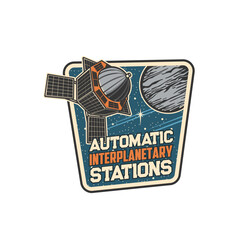 Automatic interplanetary station, space and planets explorer spacecraft vector icon. Telecommunication and broadcast orbital station or spaceship shuttle rocket on earth and moon planets orbit
