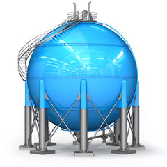 Blue spherical tank on a white background. Gas storage. 3d illustration