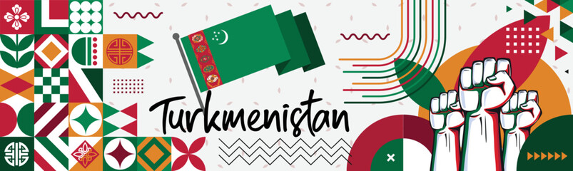 Turkmenistan Flag with raised fists. National day or Independence day design for Turkmenistani celebration. Modern retro design with abstract icons. Central Asia Ashgabat Green Vector illustration. - Powered by Adobe
