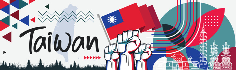 Obraz premium Taiwan national day banner with Taiwanese flag colors theme background and geometric abstract retro modern red blue design. Raised fists, people protest or supporters. Taipei Vector Illustration.