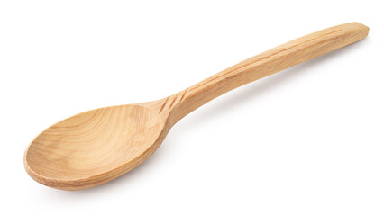 Wooden spoon. Decorative handcrafted wooden spoon for kitchen, eating food, cooking. Empty juniper wood spoon. Woodworking. Close-up macro high quality and resolution photo. Isolated white background.