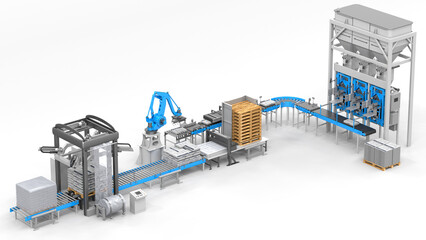 Packing line for filling fine and coarse bulk products into valve-bags. Industrial conveyor on a white background. 3d illustration