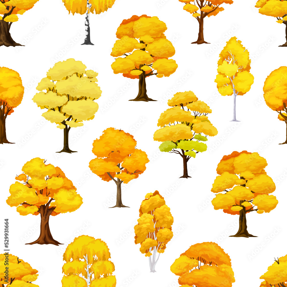Poster cartoon autumn tree seamless pattern. october defoliation background, autumn seamless pattern with o