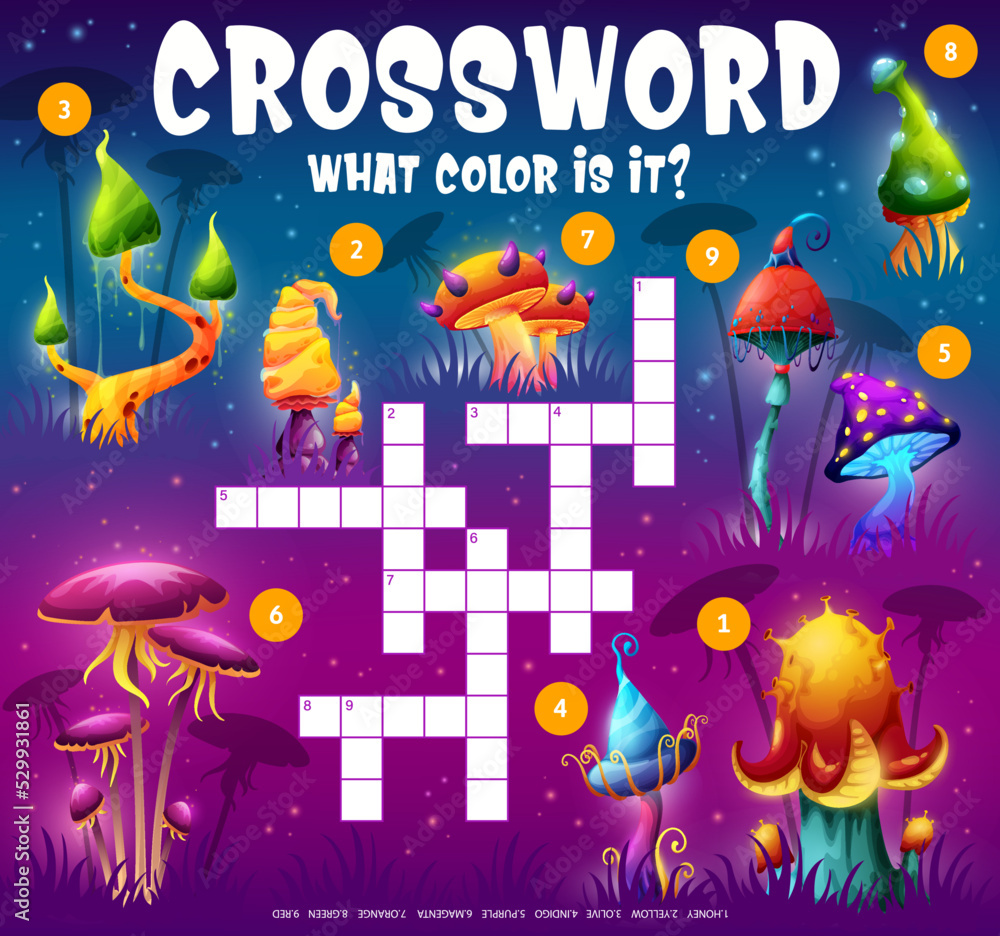 Poster Crossword grid. Find the color of the mushroom cap. Word quiz game or kids playing activity with color names finding task, children intellectual game vector worksheet with fantasy luminous mushrooms