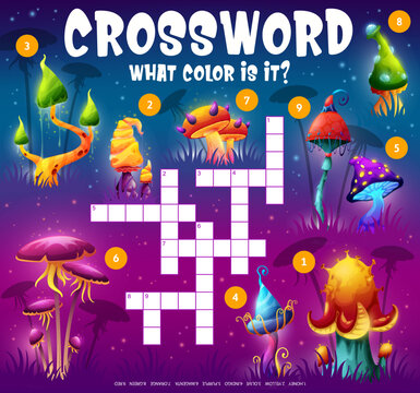Crossword grid. Find the color of the mushroom cap. Word quiz game or kids playing activity with color names finding task, children intellectual game vector worksheet with fantasy luminous mushrooms
