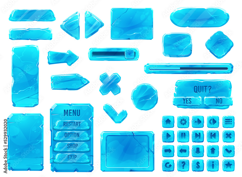Poster ice crystal buttons, cartoon interface. ui game and gui elements, vector frozen snow blocks. crystal