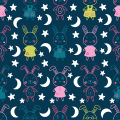 Obraz premium Nignt seamless pattern with rabbits, stars and moon. Perfect print for T-shirt, textile and fabric. Hand drawn vector illustration for decor and design.