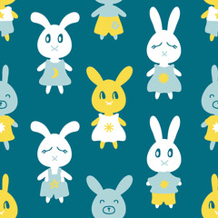 Cute bunny seamless pattern with stars and moon. Perfect childish print for tee, textile and fabric. Hand drawn vector illustration for decor and design.