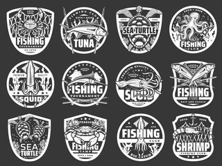 Fish, seafood and fisherman tackle isolated icons of vector fishing sport club and tournament design. Sea tuna, marlin and ocean crab, fishing boat, rod and net, squid, octopus, shrimp and sea turtle