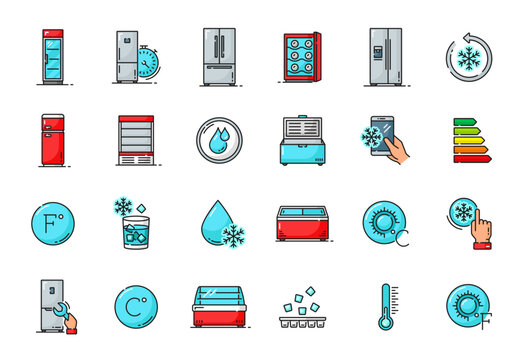 Fridge and freezer outline icons. Food storage symbols. Commercial refrigerator, industrial cooling equipment minimalistic outline pictograms set, household fridge thin line vector icons or signs