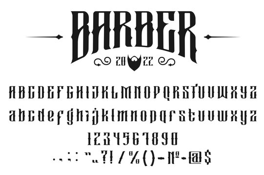 Barber shop old font, vintage type alphabet or typeface, barber typography. Barbershop font or script text labels with numbers, ABC letters and signs, hipster or barber shop retro type alphabet