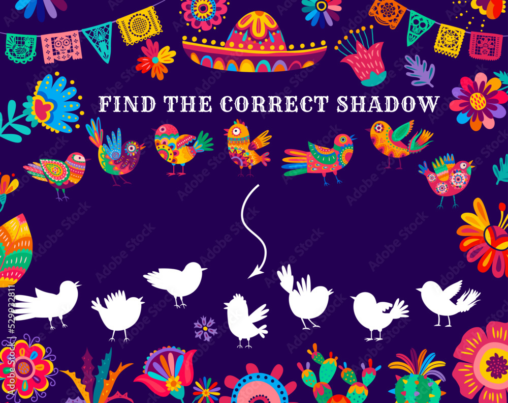 Poster find the correct shadow of alebrije mexican birds kids game worksheet. children puzzle, kindergarten