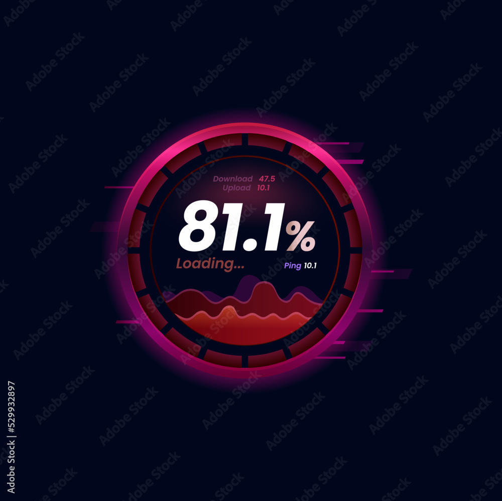 Aufkleber Internet data download or upload speed meter futuristic dial. Network or web bandwidth level round indicator, WI-FI signal strength test app interface vector icon or display with ping and loading data