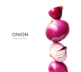 Creative layout made of red onion on the white background. Flat lay. Food concept. Macro  concept. 