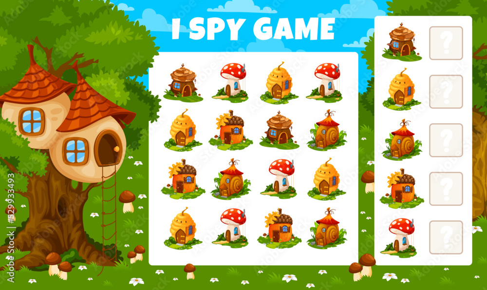 Poster i spy kids game worksheet, cartoon fairy house buildings. vector educational puzzle with beehive, ne