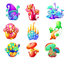 Magic fairy cartoon mushrooms. Vector fantasy forest or alien world planet plants, game ui nature asset. Fantastic neon fungi or fairytale mushrooms set with glowing caps, slime, holes and tentacles - obrazy, fototapety, plakaty