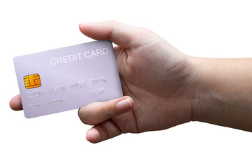 A close-up woman's hand holds a silver platinum credit card isolated on white background.
