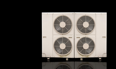 Air conditioner condenser system, condenser outdoor unit, fan close up that is isolated from a white background.