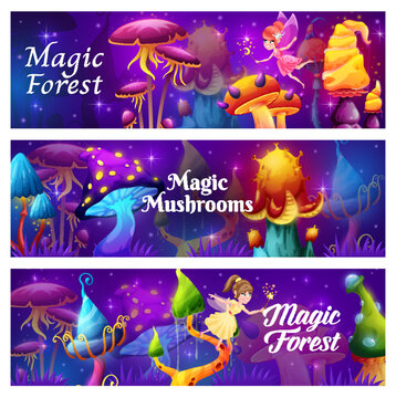 Magic mushrooms in fairytale forest, vector banners. Fantasy glowing fluorescent light fungi, magic forest luminous mushrooms with tentacles, slime and thorns, fairy character