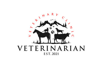 Veterinarian logo design with silhouette animal horse cow dog cat mountain icon symbol
