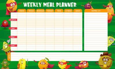 Weekly meal planner vector with cartoon fruit superhero and defender personages. Organizer check list of food with grocery checklist, cute orange, lemon, papaya and lychee, fig and pear