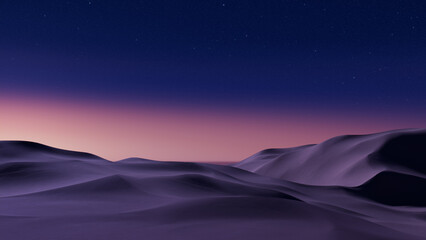 Rolling Sand Dunes form a Scenic Desert Landscape. Dusk Background with Pink Gradient Starry Sky.